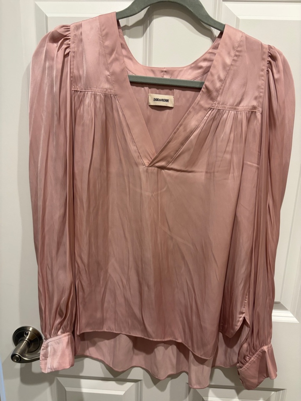 Zadig & Voltaire Blush Pink V-Neck Satin Long-Sleeve Blouse